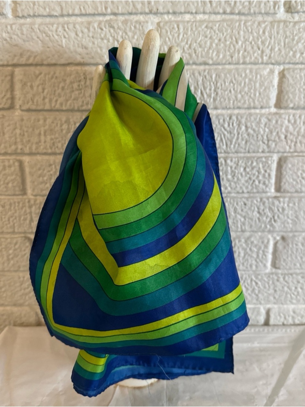 Vintage Green & Blue Geometric Silk Scarf - Designer Style 26” - Picture 3 of 4